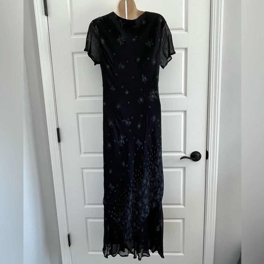 Vintage CDC Black Floral Maxi Dress Beaded Chiffon Dark Fairycore 10 Romantic - Picture 7 of 15